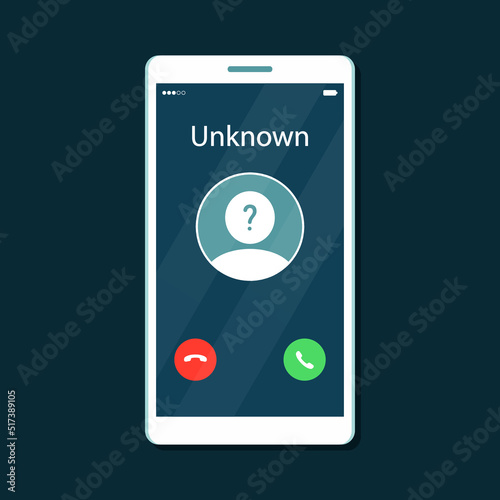 Mobile phone interface with incoming call from unknown caller and accept or reject call buttons. Isolated vector illustration in flat cartoon style.