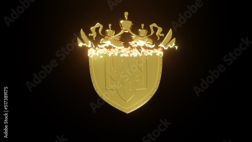 3d animation of the burning of a double-headed eagle, and the appearance of a golden shield with the coat of arms of Ukraine. The items are not a trademark. State symbols of Ukraine and Russia. photo