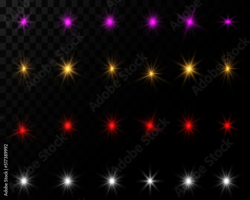 Set of multi-colored stars  vector flares with light on a transparent background. Abstract laser stars. Vector illustration