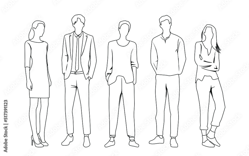 Vector silhouettes of men and a women, a group of standing business people, linear sketch, black and white color isolated on white background Vector silhouettes of men and a women, a group of standing business people, linear sketch, black and white color isolated on white background