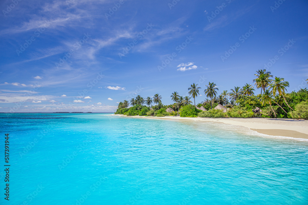 Best tropical beach landscape. Fantastic summer coast, vacation destination, palm trees, white sand, sunny sky. Freedom travel, amazing sea lagoon, paradise shore nature landscape. Beautiful beach