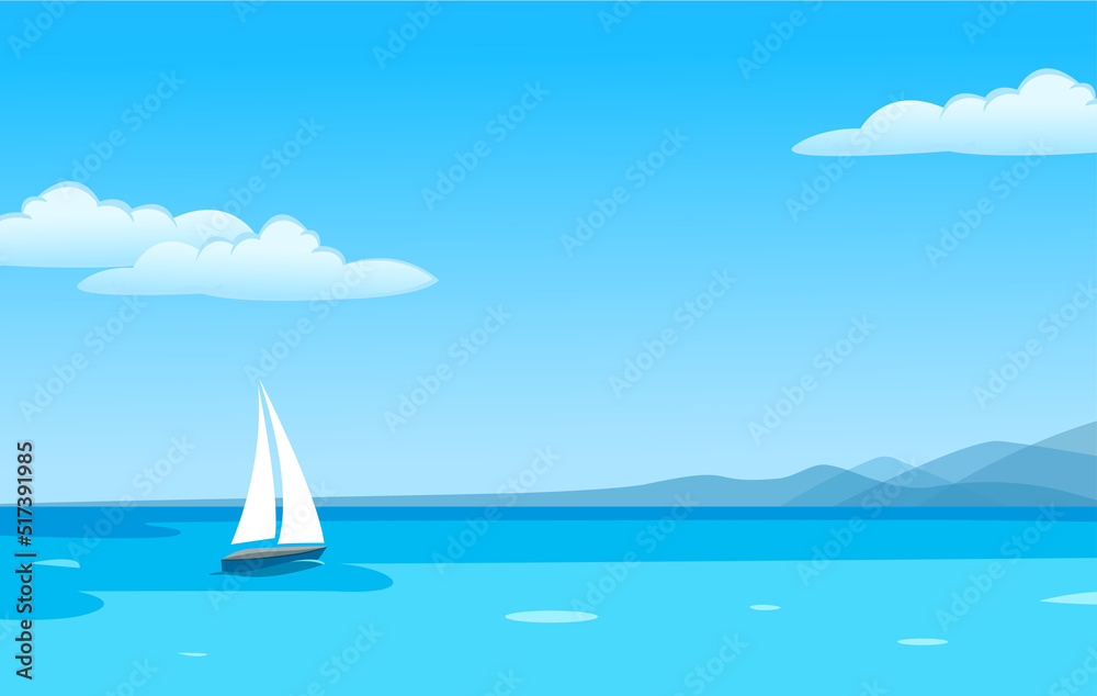 Naklejka premium Vector landscape blue sea, yacht sky background