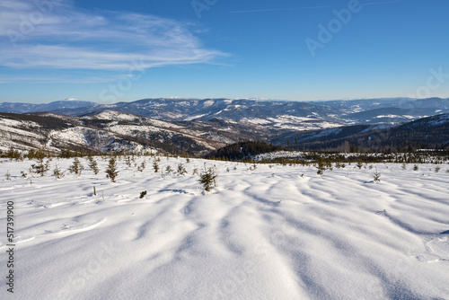 Briliant view of Silesian Beskid on european Bialy Krzyz in Poland