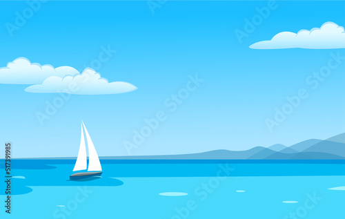 Vector landscape blue sea, yacht sky background
