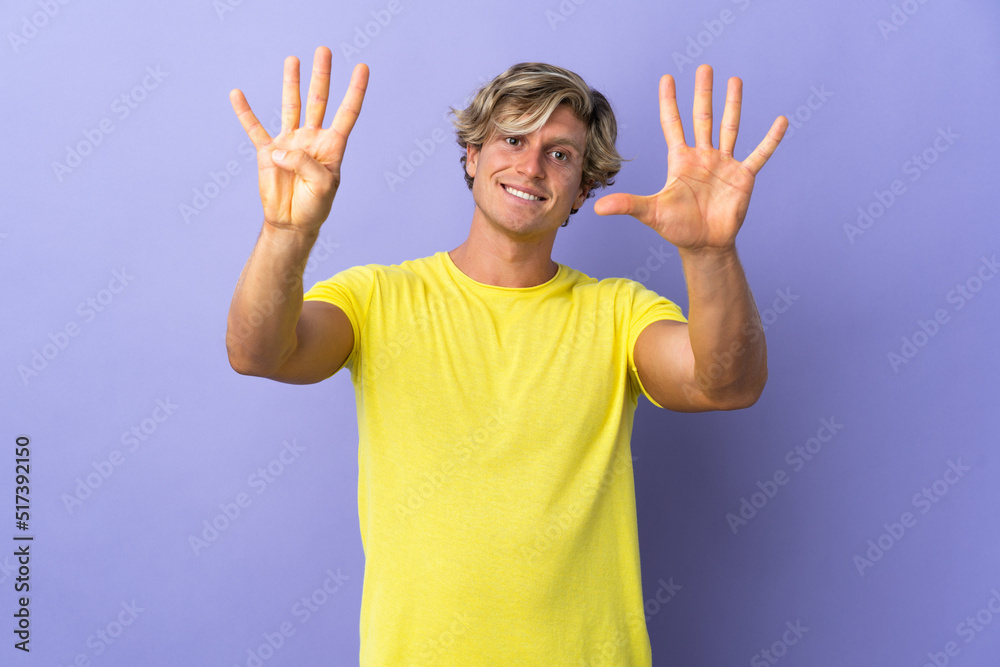 English man over isolated purple background counting nine with fingers English man over isolated purple background counting nine with fingers