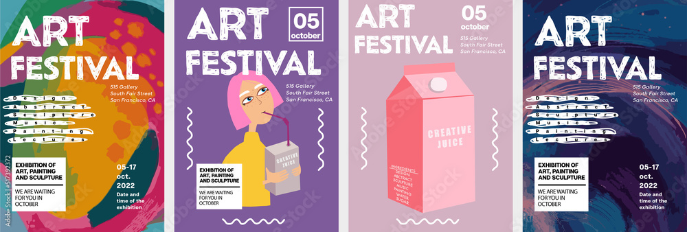 Art posters for art festival. Posters for art exhibition of painting, sculpture and music. Vector illustration of colorful abstract background, girl with pink hair, pack of juice, dark abstract backgr - obrazy, fototapety, plakaty 