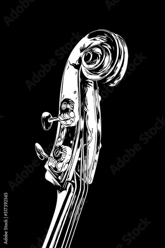 Detail of the headstock of a contrabass. Contrabass placed in an oblique position waiting to be used in a concert of classical music. Double bass detail. 