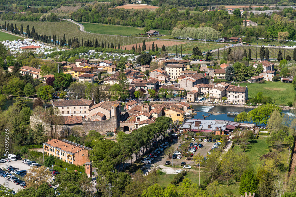 Aerial view of Borghetto sul Mincio, hamlet of Valleggio sul Mincio and one of the most beautiful villages in Italy, Veneto region
