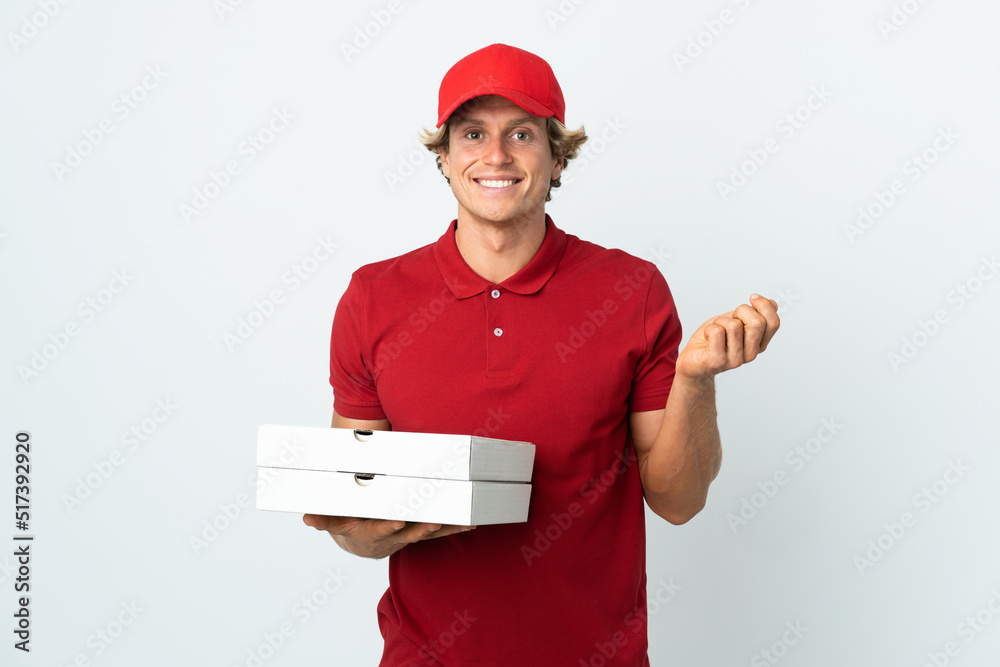 pizza delivery man over isolated white background making money gesture pizza delivery man over isolated white background making money gesture