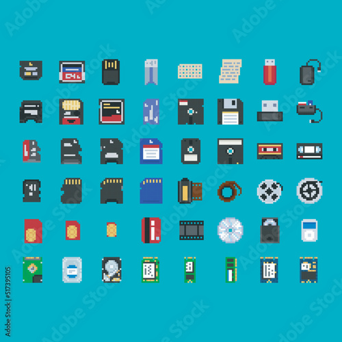 Vector illustration of digital and analogue storage devices - disc, card, floppy, tape, hard drive, flash memory isolated video game asset icon set