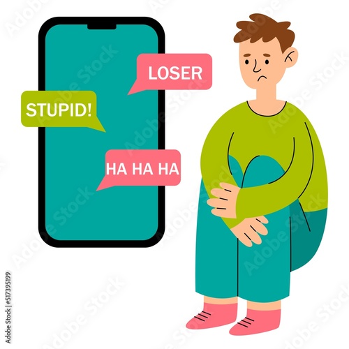 Consept cyberbullying. Sad man with big phone. Offensive messages in social networks. Cancel culture.