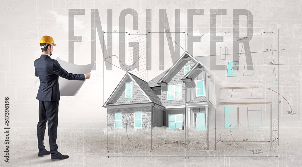 Young engineer holding blueprint concept concept Young engineer holding blueprint concept concept