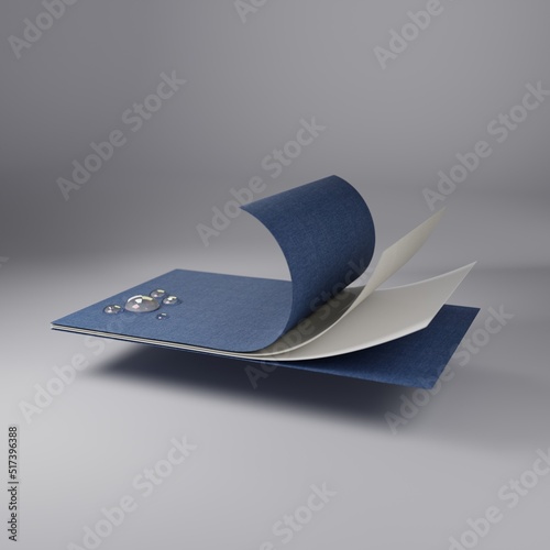 Demonstration of layers of fabric. Four-layer and waterproof fabric. Water drops. 3d rendering.