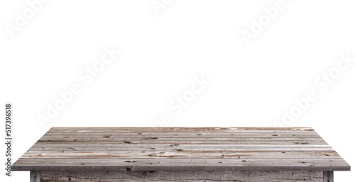 Wooden tabletop on white with clipping path with display montage for product. Empty rustic wood table.