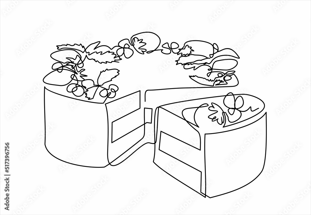 One continuous line drawing of fresh delicious birthday with sliced cut cake tart art. Sweet decorative pastry concept. Modern single line draw design vector illustration graphic - obrazy, fototapety, plakaty 