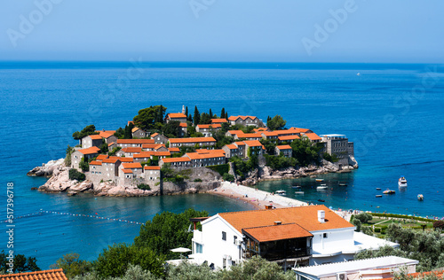 Scenic Sveti Stefan island in Montenegro and Adriatic sea. Beautiful view on luxury resort on mediterranean coast