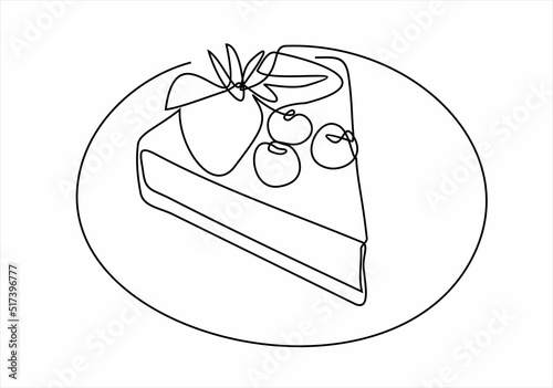 Continuous line drawing of a piece of cake. Vector black line illustration on a white background.