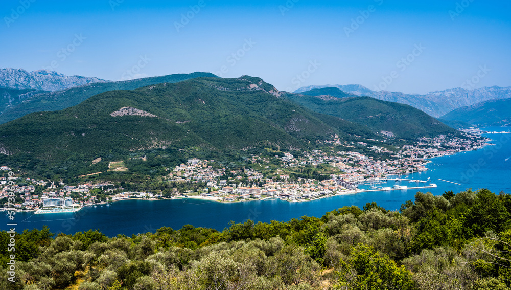 Kotor bay scenic view in Montenegro from above. Amazing aerial panorama on Adriatic sea and mountains