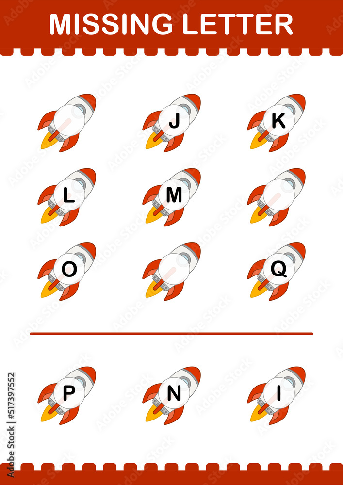 Missing letter with Rocket. Worksheet for kids Missing letter with Rocket. Worksheet for kids