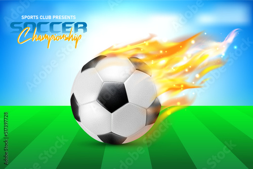 3d Realistic Football flying in fiery flames with soccer sports green field league championship tournament vector background