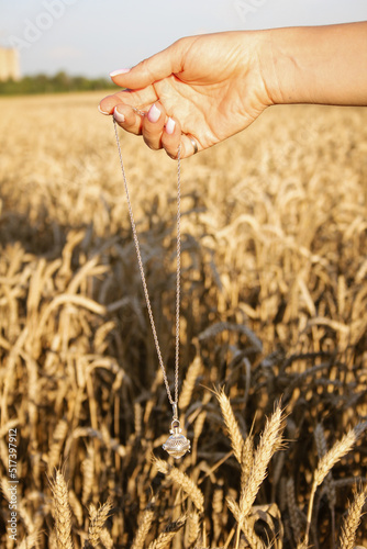 silver pendant-vessel on the background of a wheat field