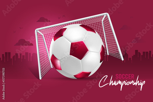 3d Realistic football world cup championship league red maroon Soccer ball with tournament league sports ball and goals vector background