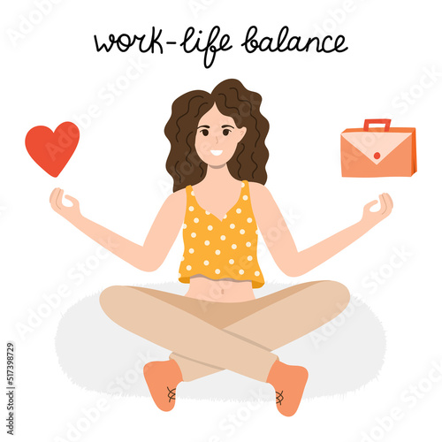 Work–life balance vector concept. A woman sits in yoga lotus position and balances between life and work. The choice between family, friends, entertainment, love and career, money, finances, job.