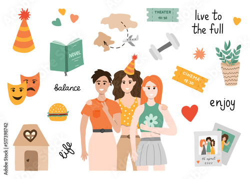 Set about full, saturated life. Fun illustration with three different woman. Clipart about family, friends, entertainment, sport, taking care of home. Isolated hand drawn vector about harmony in life