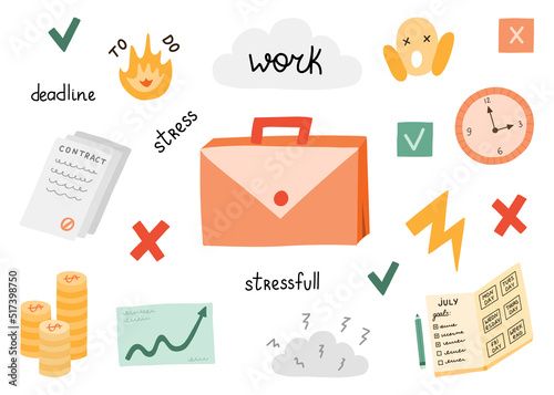 Work set with vector clipart and lettering. Concept about deadlines, stressful job, time management, planning tasks, finances, making contacts. Isolated hand drawn illustration about stress at work.