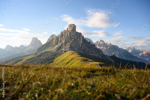 Stunning view of the Giau pass during a beautiful sunset. The Giau Pass is a high mountain pass in the Dolomites in the province of Belluno, Italy. photo