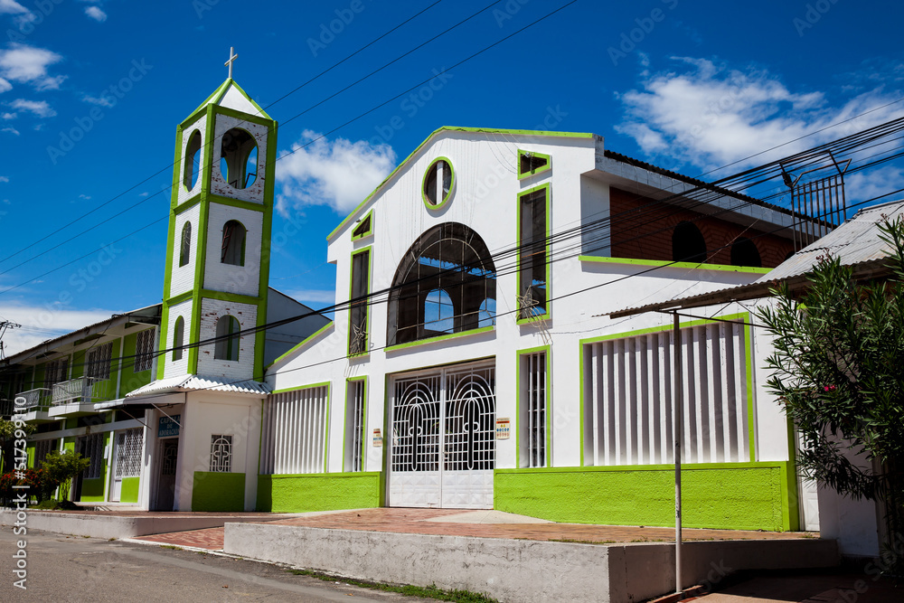 Church at the central square of the small city of Armero Guayabal in Colombia