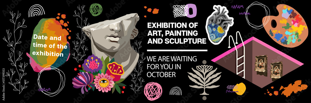 Art objects for exhibition of classical and contemporary painting, sculpture and music. Vector abstract modern illustrations for creative festivals and art events. Drawings for poster Art objects for exhibition of classical and contemporary painting, sculpture and music. Vector abstract modern illustrations for creative festivals and art events. Drawings for poster