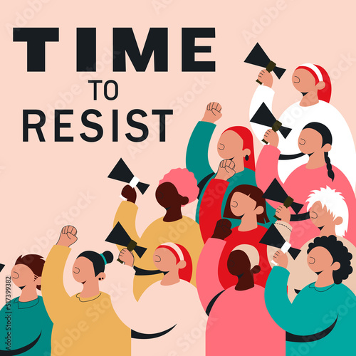A crowd of protesters with fists in the air and megaphones at the demonstration. Callout text, vector illustration