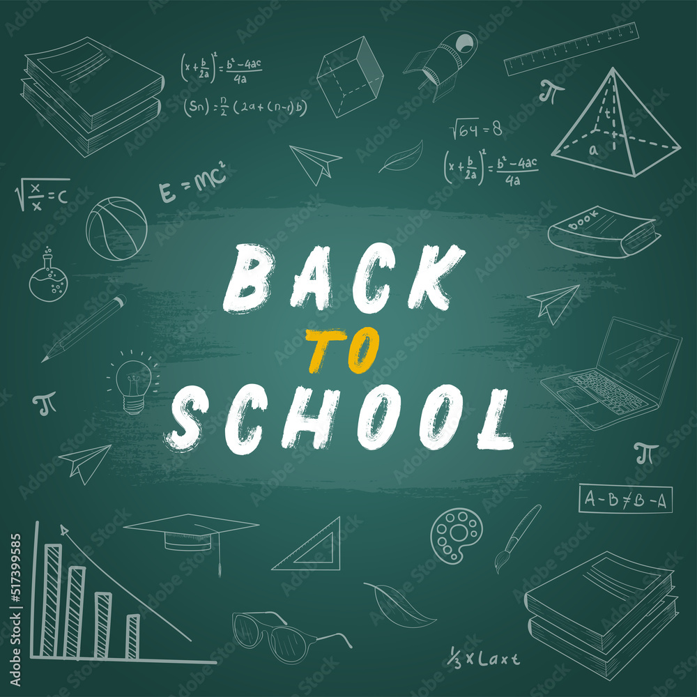 Back to school banner with doodle and equipments on the blackboard.