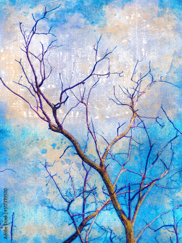 A spring tree without leaves against a bright sky. Turquoise sky with white clouds. The natural beauty of nature. Digital watercolor painting. Canvas texture