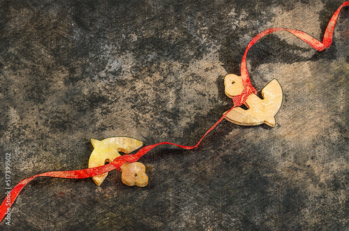 Two wooden anchors tied with red ribbon. Anchor figures on black surface. Nautical theme. Digital watercolor painting. Canvas texture