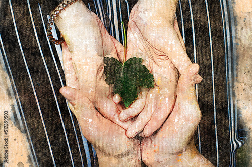 A heterosexual couple holds a green maple leaf in their hands. The concept of love and fidelity. View from above from an angle. Digital watercolor painting. Canvas texture