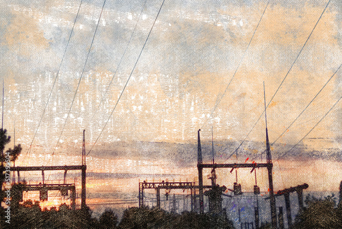 A transformer station against a pink sunset sky. Lines of intersecting electric wires. Industry, energy. Digital watercolor painting. Canvas texture