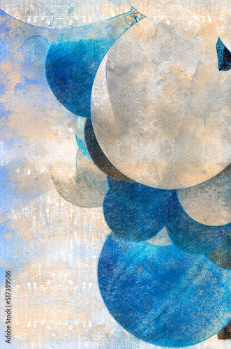 White and blue balloons against a summer sky. A group of helium holiday balloons. Digital watercolor painting. Canvas texture