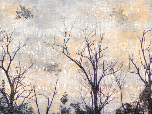 Autumn sky before the rain. Wind swaying the branches of trees with dousing foliage. Bad weather. Digital watercolor painting. Canvas texture