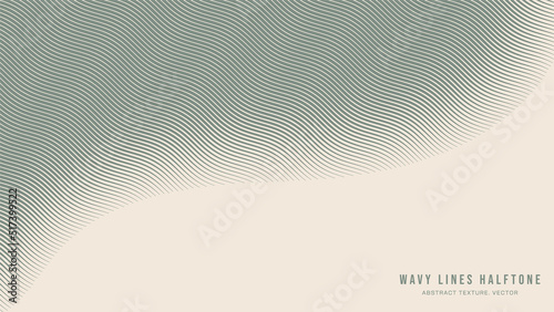 Wavy Ripple Lines Halftone Engraving Pattern Abstract Vector Smooth Curved Pale Green Border Isolated On Light Background. Half Tone Art Graphic Aesthetic Neutral Wallpaper. Bent Form Abstraction