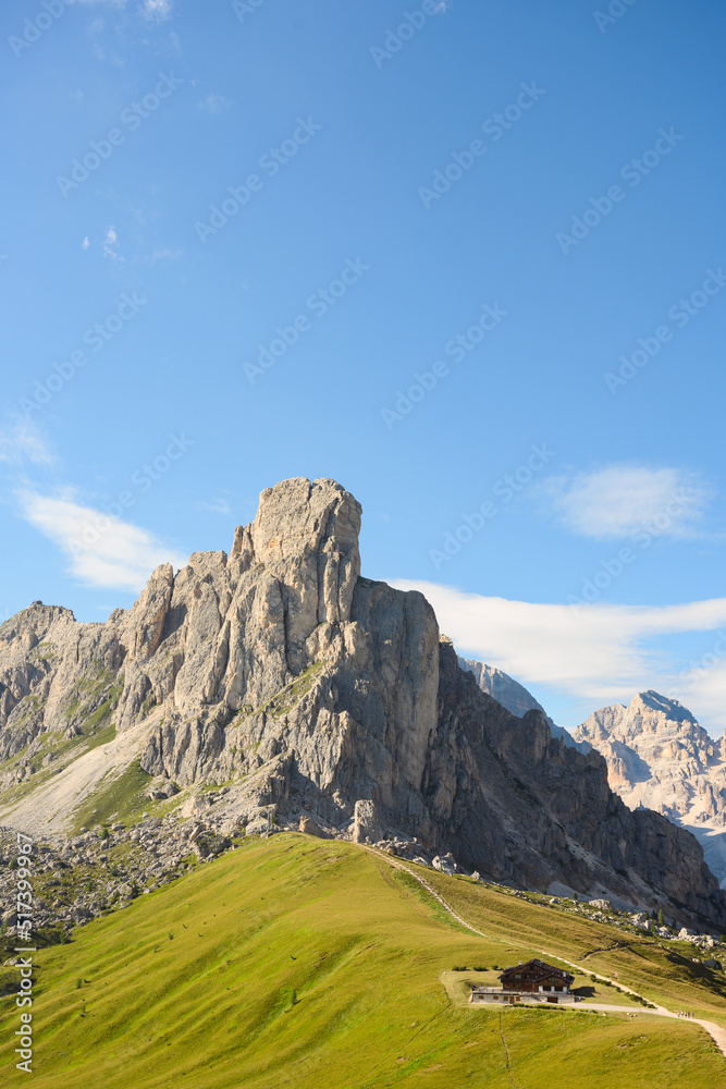 Stunning view of the Giau pass during a beautiful sunny day. The Giau Pass is a high mountain pass in the Dolomites in the province of Belluno, Italy.