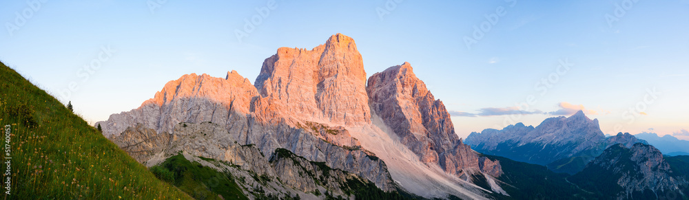 Stunning panoramic view of Mount Pelmo during a beautiful sunset. Monte Pelmo was the very first high mountain of the Dolomites that was climbed, Italy.