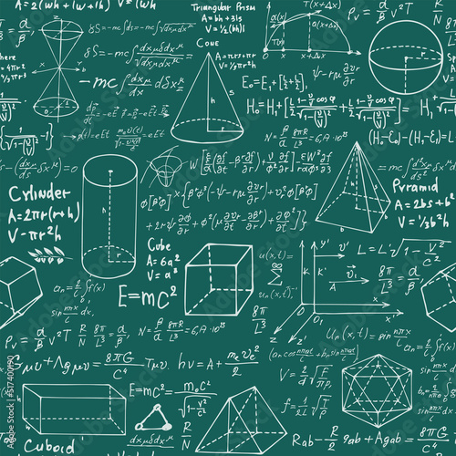 Abstract seamless pattern with black handwritten text mathematical formulas and equations and geometrical figures. Vector repeating background in style from the diary of a scientist
