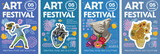 Art posters for art festival. Posters for art exhibition of painting, sculpture and music. Vector illustration of artist, artistic heart, greek sculpture with flowers, sunflowers