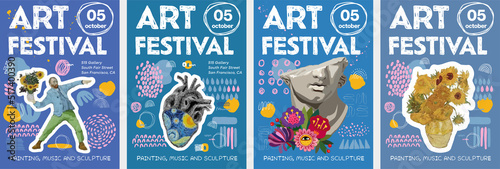 Art posters for art festival. Posters for art exhibition of painting, sculpture and music. Vector illustration of artist, artistic heart, greek sculpture with flowers, sunflowers