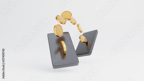 Trendy finance with Mobile, Money transfer on smartphones, Coins moving from one mobile phone to other, Sending and receiving money wirelessly, 3d rendering concept, Mobile wallet
