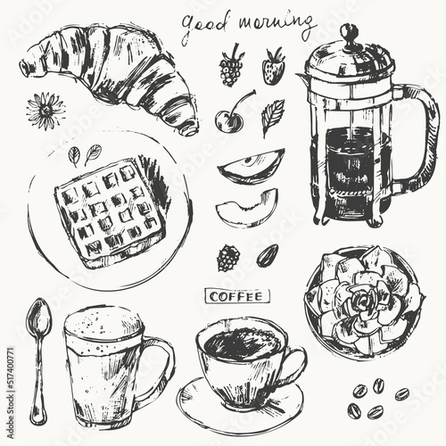 Hand drawn sketch of pastry breakfast dessert bakery sweet food, coffee pot, espresso, latte cup set