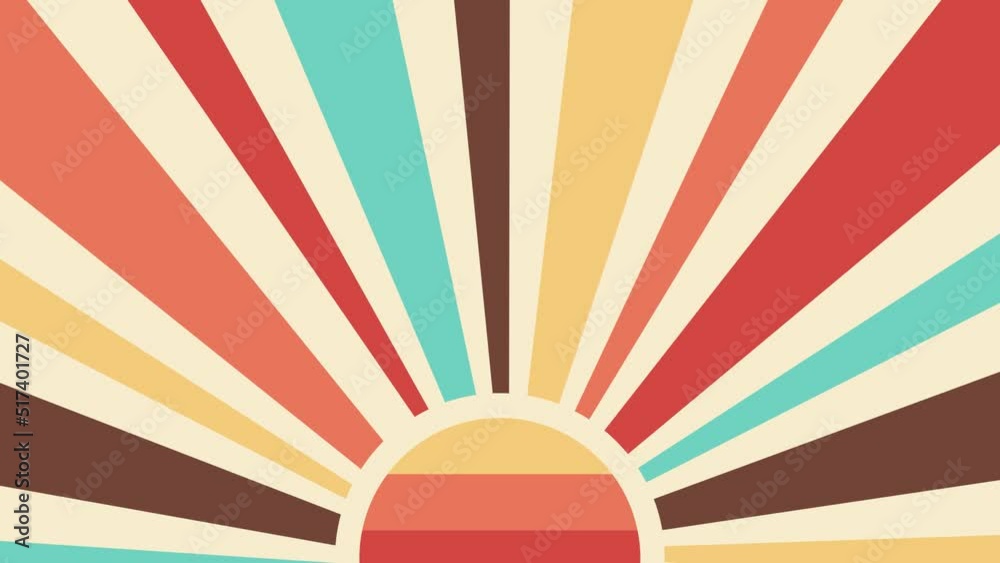 Colourful 70s sun retro background 4K. Vintage sun rays rotating for comic, story, posts and more