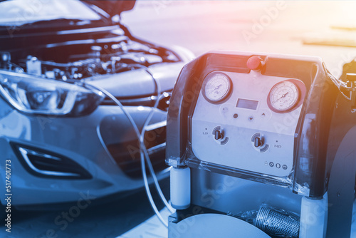 Car air conditioner ac repair service. Refill automobile ac compressor and checking auto conditioning system. Mechanic engine auto car service.